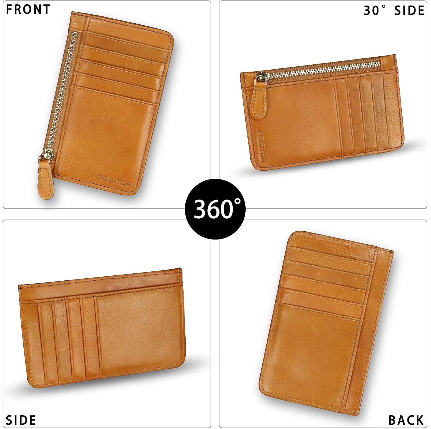 Genuine Leather Slim Wallet for Women and Men Credit Card Holder with RFlD Blocking Vintage Full Grain Leather Zip Purse Card Cases Money Clip (Brown) image 3