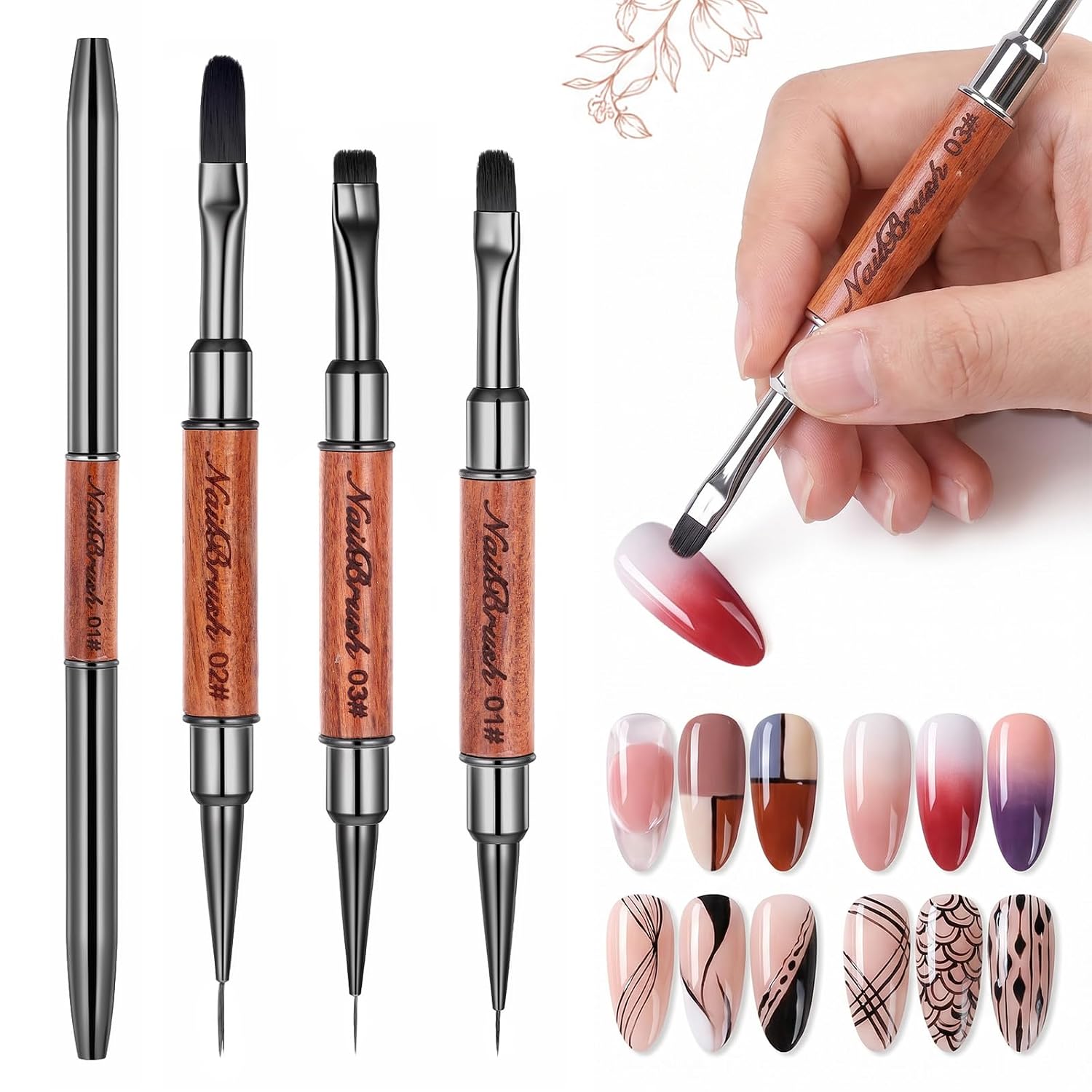 3Pcs Dual Head French Tip Nail Brush, Nail Art Clean Up Brushes Brown Flat/Oval/Angled French Brush for Nails Wooden Handle Gel Nailes Brushes for Polish Mistakes Acrylic & Gel Polish Nails Design