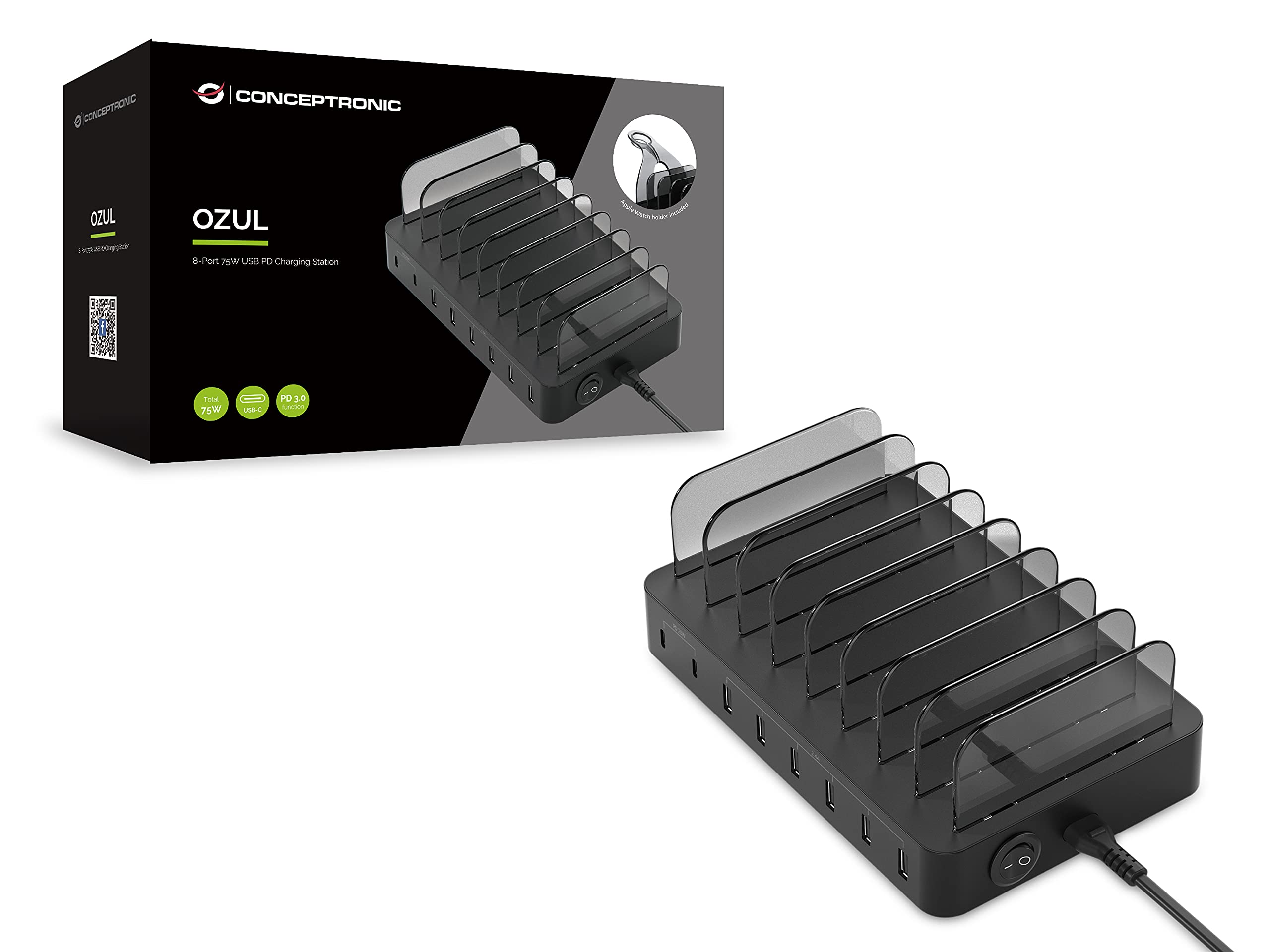 Conceptronic Ozul02b Caricabatterie Per Dispositivi Mobili Universale Nero Ac Interno (ozul 8-Port 75w Usb Pd - Charging Station - Warranty: 12m)