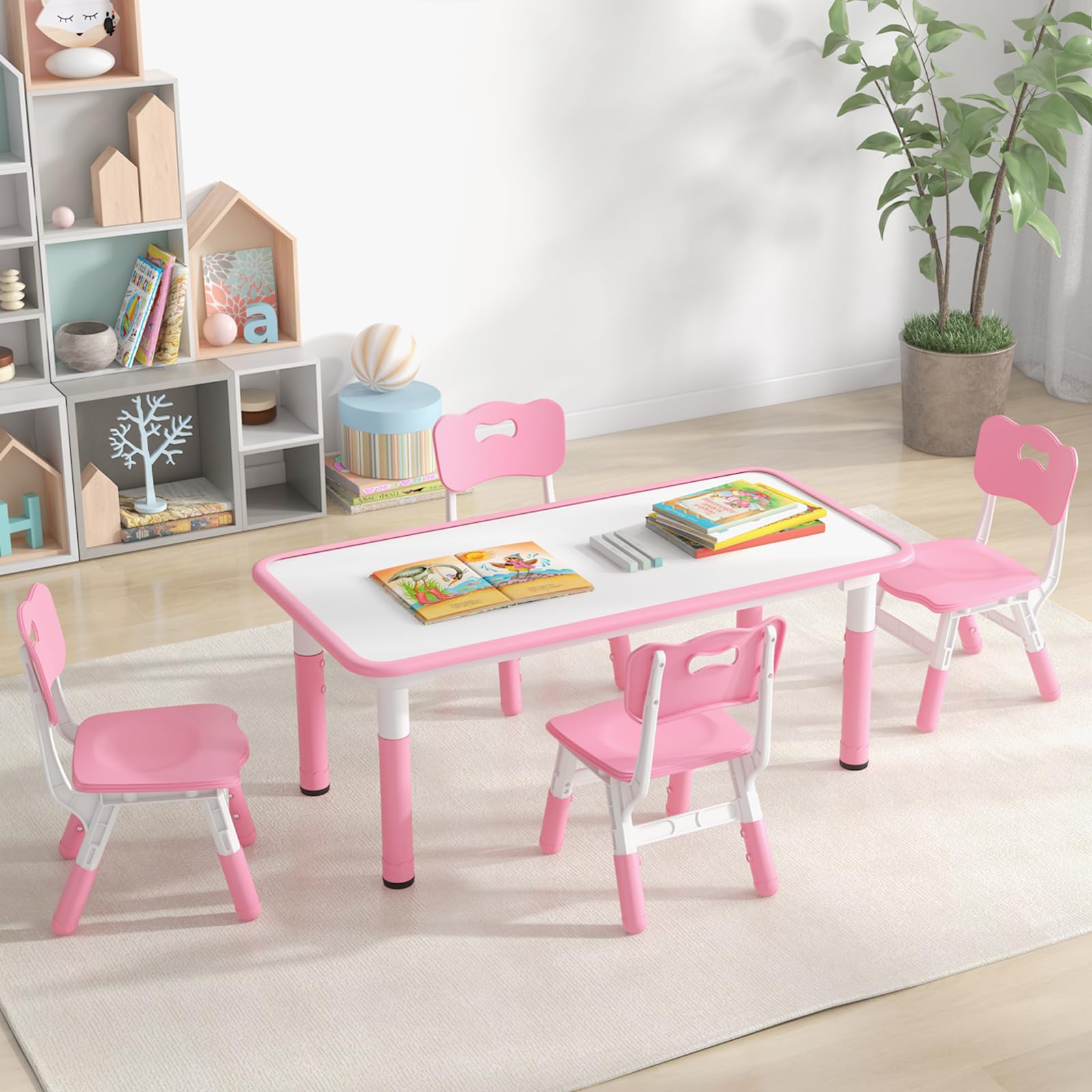 DREAMADE Kindertisch mit 4 Stühlen, Höhenverstellbares Kinder Tisch und Stuhl Set mit Graffititischplatte & rutschfesten Beinen, Kindersitzgruppe Kindermöbel für Kindergärten und Kinderzimmer (Rosa)