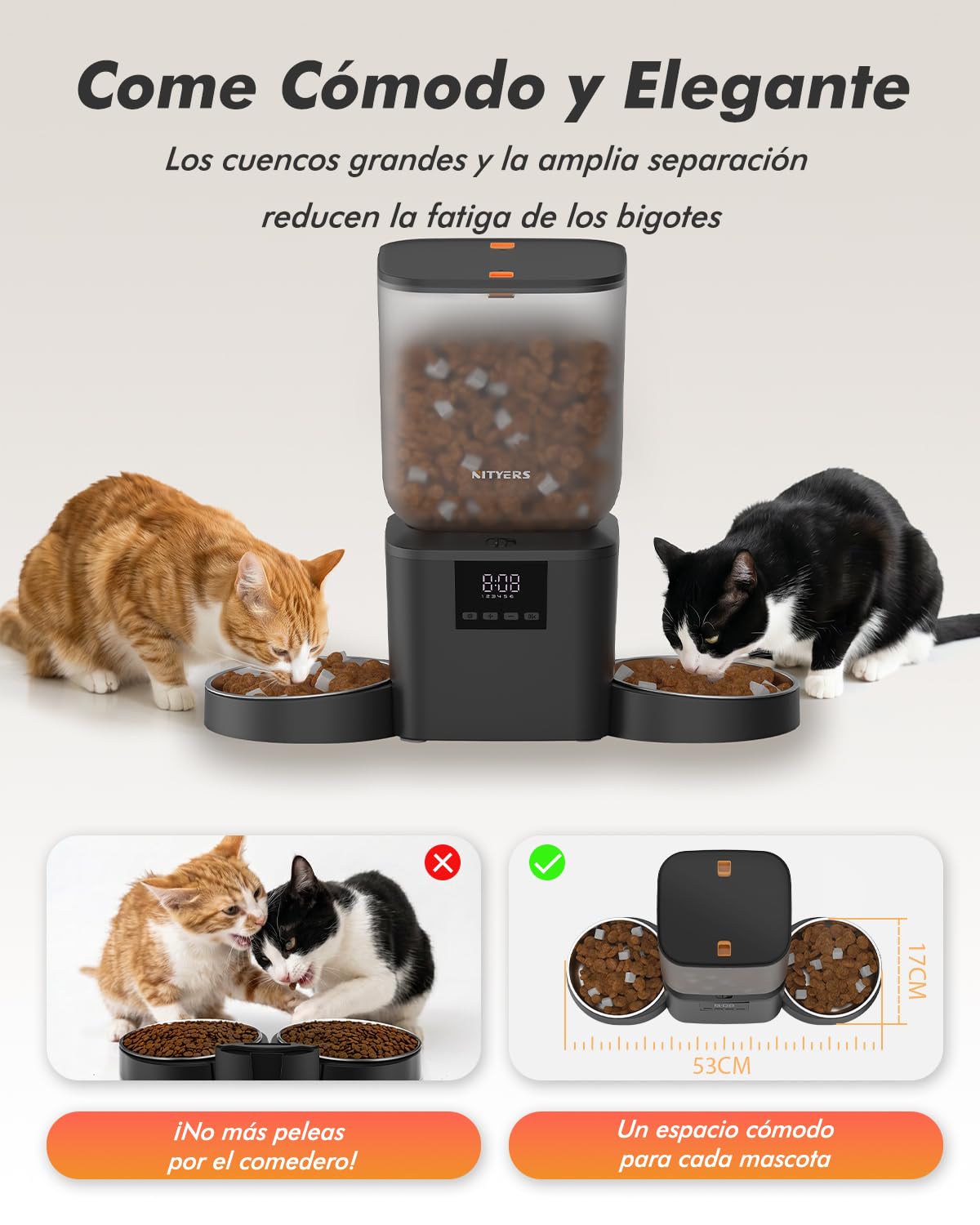 Comedero Gato Automatico 2 Tazones para Gatos y Perros | 8L, 2 Cuencos de Acero Inoxidable, para Pienso Seco 2-18mm, Hasta 50 Porciones y 6 Comidas al Día, Grabación 10s, Fresco