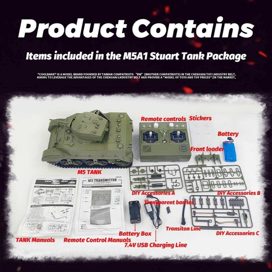 1/16 2.4G US M5A1 Stauart Light RC Tank Model,Simulated Military Vehicle Model with Sound Light Smoke Effects,A Gift for The RC Model Car Enthusiast and Adults
