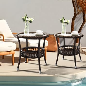 Outdoor Side Table Set of 2 Wicker End Table for Patio Rattan Side Table for Outside Brown Outdoor Patio Coffee Table with Storage & Glass Table Top Round for Backyard Porch