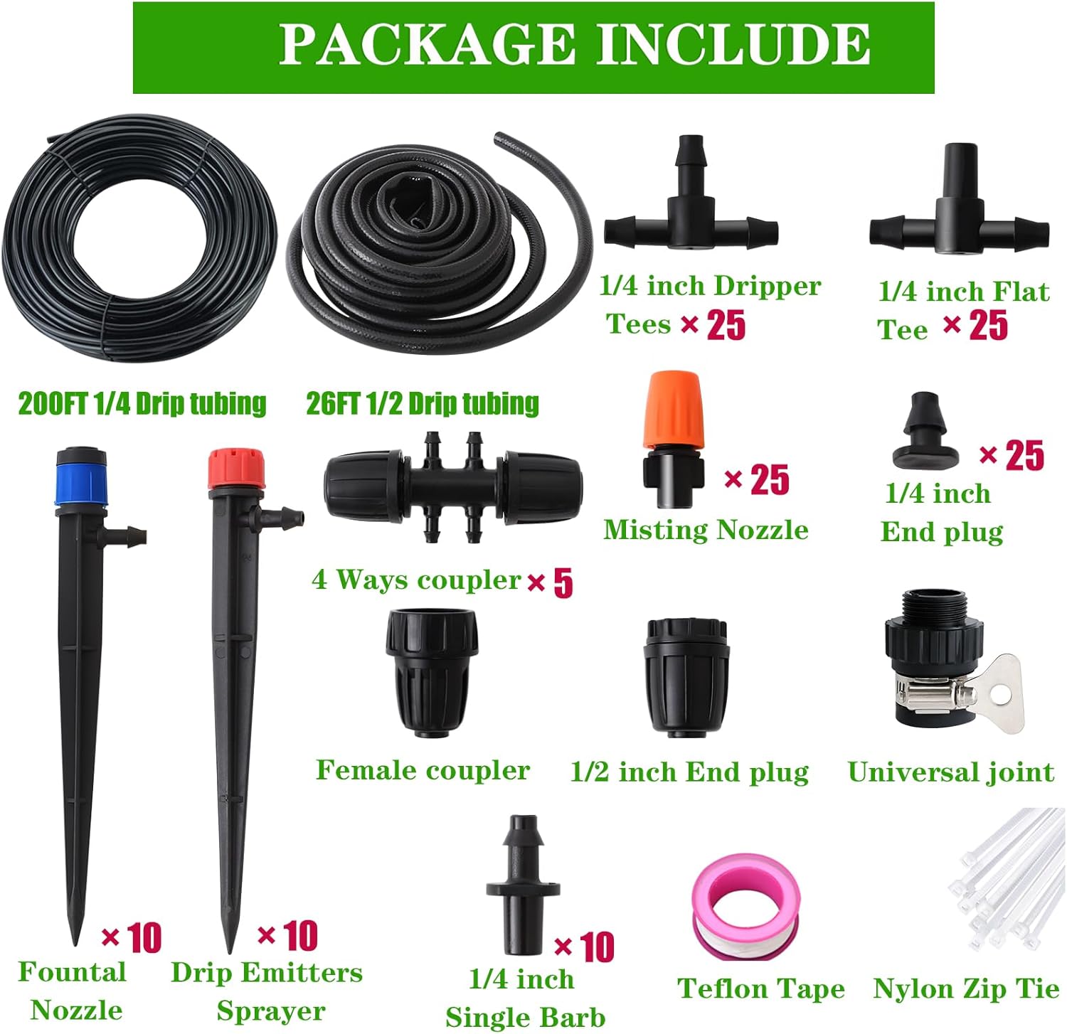 226FT Greenhouse Micro Drip Irrigation Kit Automatic Irrigation System Patio Misting Plant Watering System with 1/4 inch 1/2 inch Blank Distribution Tubing Hose Adjustable Nozzle Emitters Sprinkler