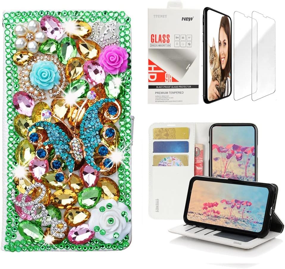 STENES Bling Wallet Phone Case Compatible with Samsung Galaxy A14 5G - Stylish - 3D Handmade Butterfly Rose Flowers Design Leather Cover with Screen Protector [2 Pack] - Green