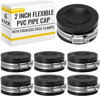 6 Pack 2 Inch Flexible PVC Pipe Cap with Stainless Steel Clamps - Black Durable End Caps for Drainage, Wastewater & Vent Pipes, Above/below Ground Use