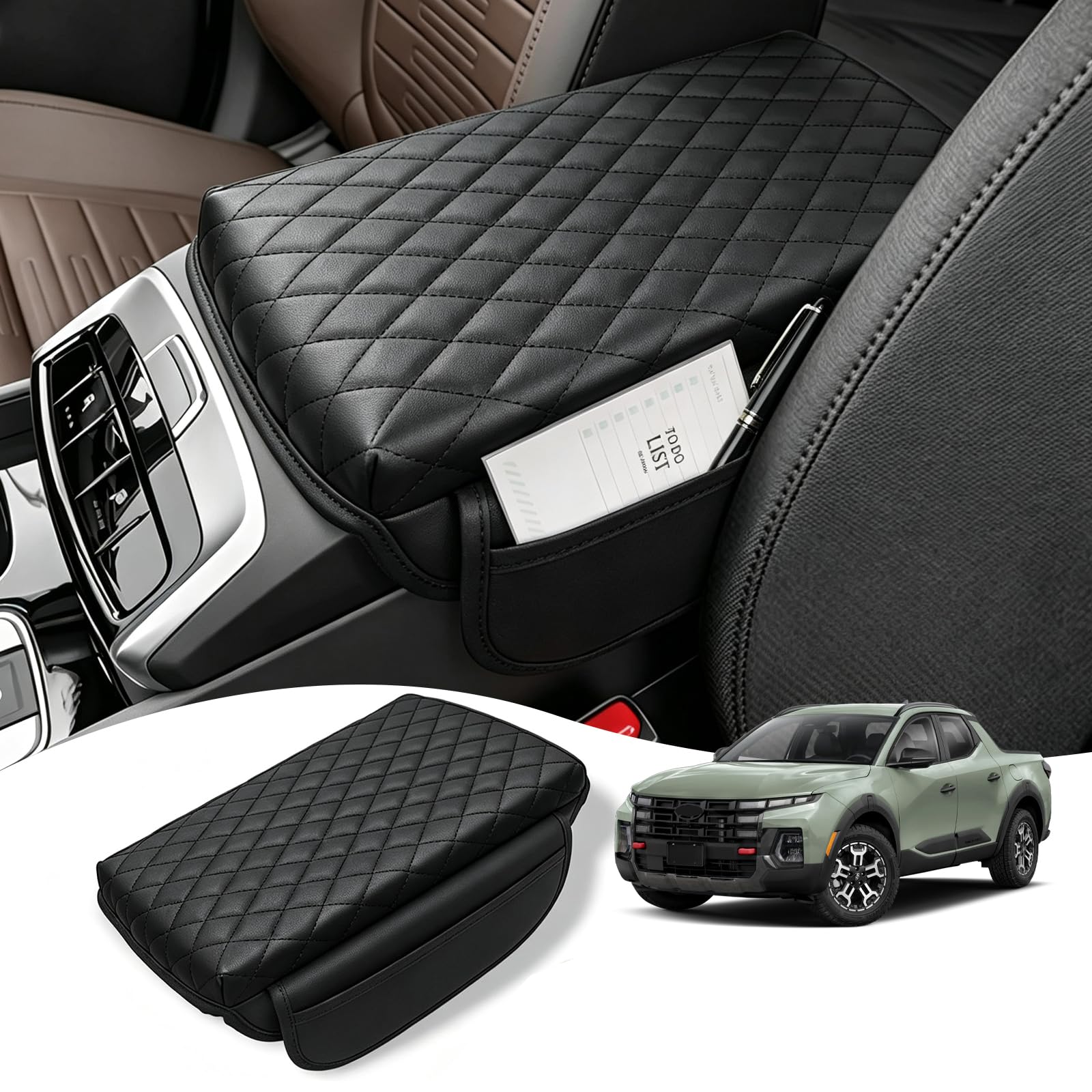 Center Console Cover for Hyundai Santa Cruz 2022 2023 2024 2025 2026 Accessories, Breathable PU Leather Armrest Cover Cushion Pad for Truck, Anti-Scratch Protector, Black Storage Bag