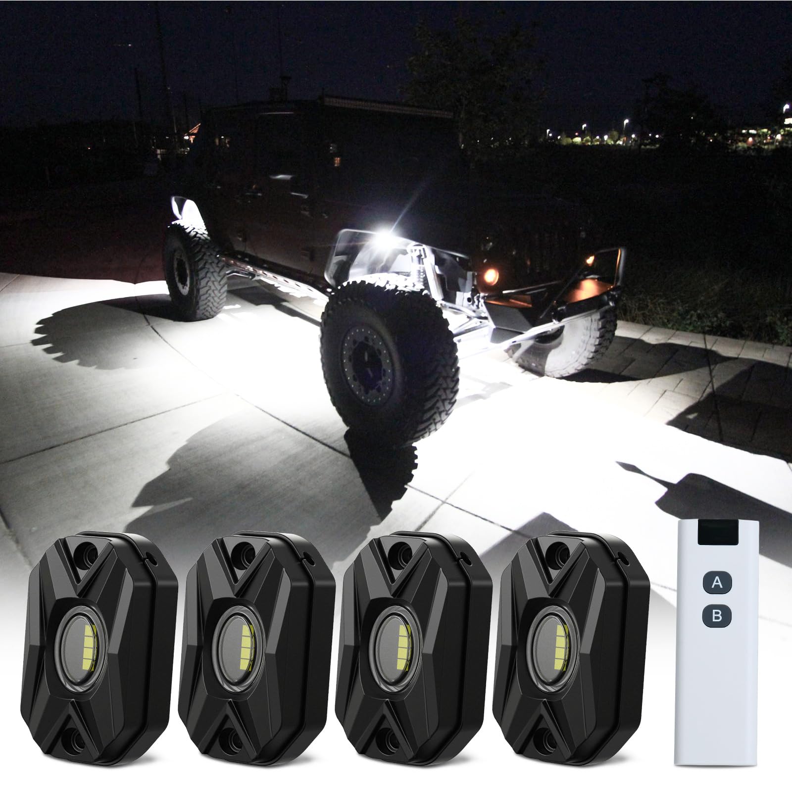 NOVSIGHT 4 Pods White Rock Lights with Remote Control - Waterproof Underglow Kit for Trucks Off Road Trucks SUV ATV UTV Golf Car Boat (White)