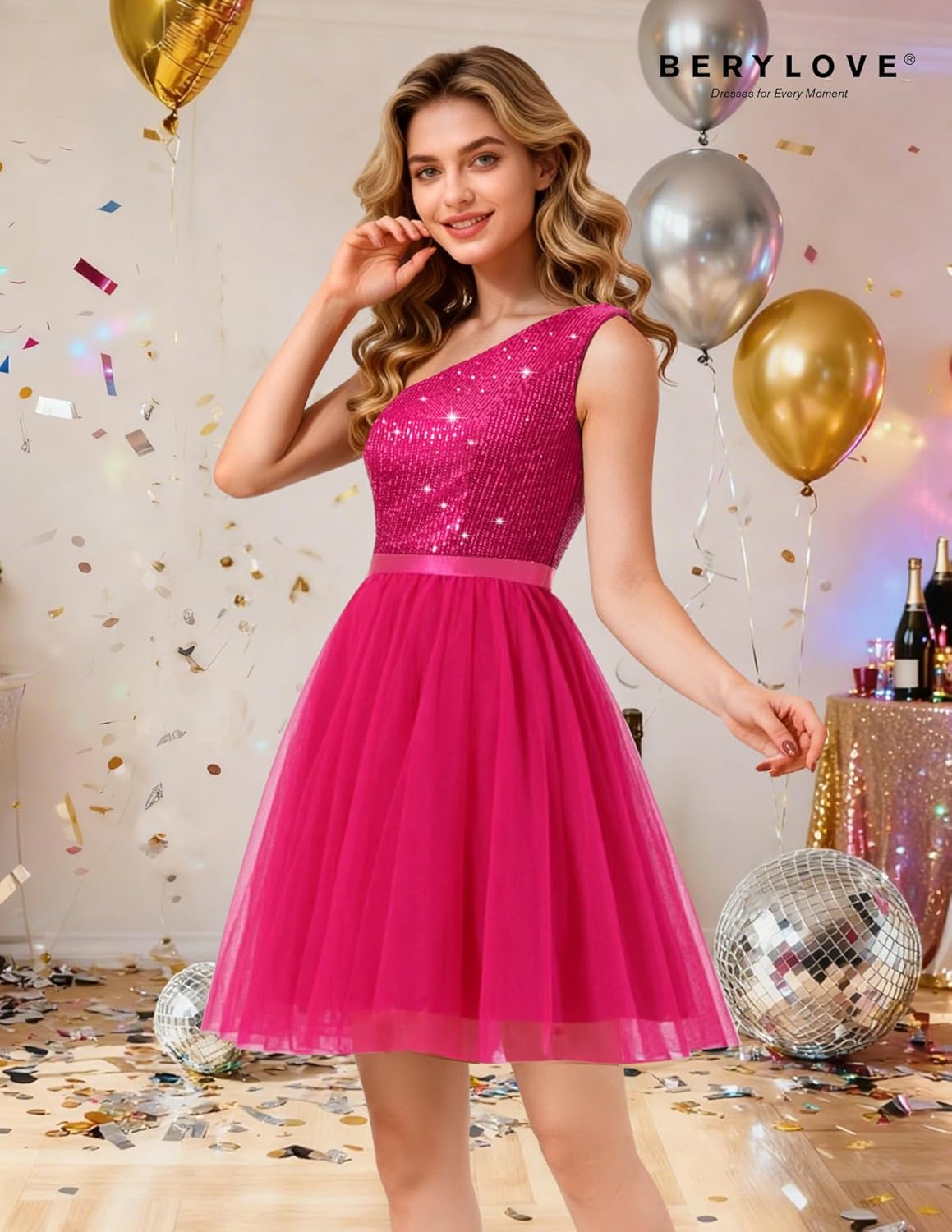 BeryLove Womens Sequin Homecoming Formal One-Shoulder Cocktail Dress for Teens