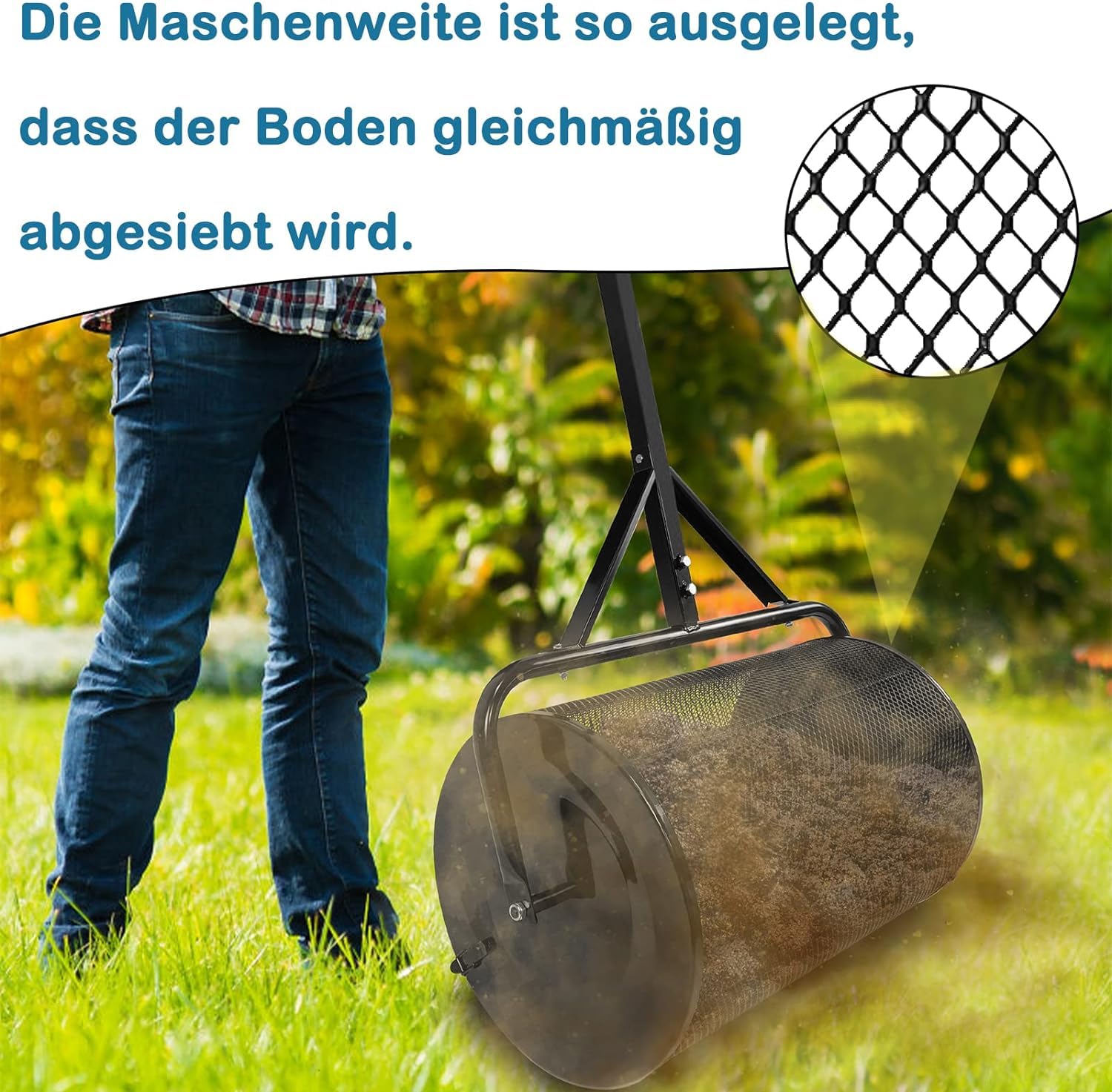 LILIIN Gartenstreuer mit T-Griff, Kompoststreuer 80L - Für Kompost, Dünger, Garten und Rasen - 40 x 65 x 110 cm, Schwarz