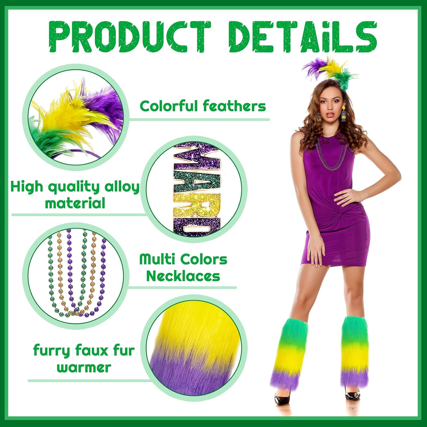 6-Piece Mardi Gras Costume Accessory Set: Faux Feather Headband, Mardi Gras Beads, Dangle Earrings, Faux Fur Leg Warmers for Women & Girls' Carnival Dress-Up - Image 2