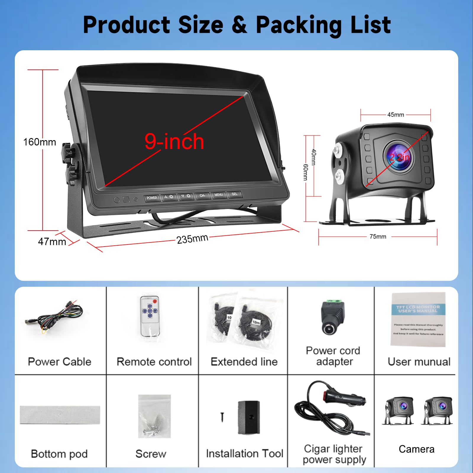 Rimoody Cámara de Visión Trasera 9 Pulgadas Monitor LCD con 2 Cámaras Traseras AHD Resistente al Agua IP69 Visión Nocturna con Cable de 10M para Camionetas Camionetas Autocaravanas pequeñas Caravanas