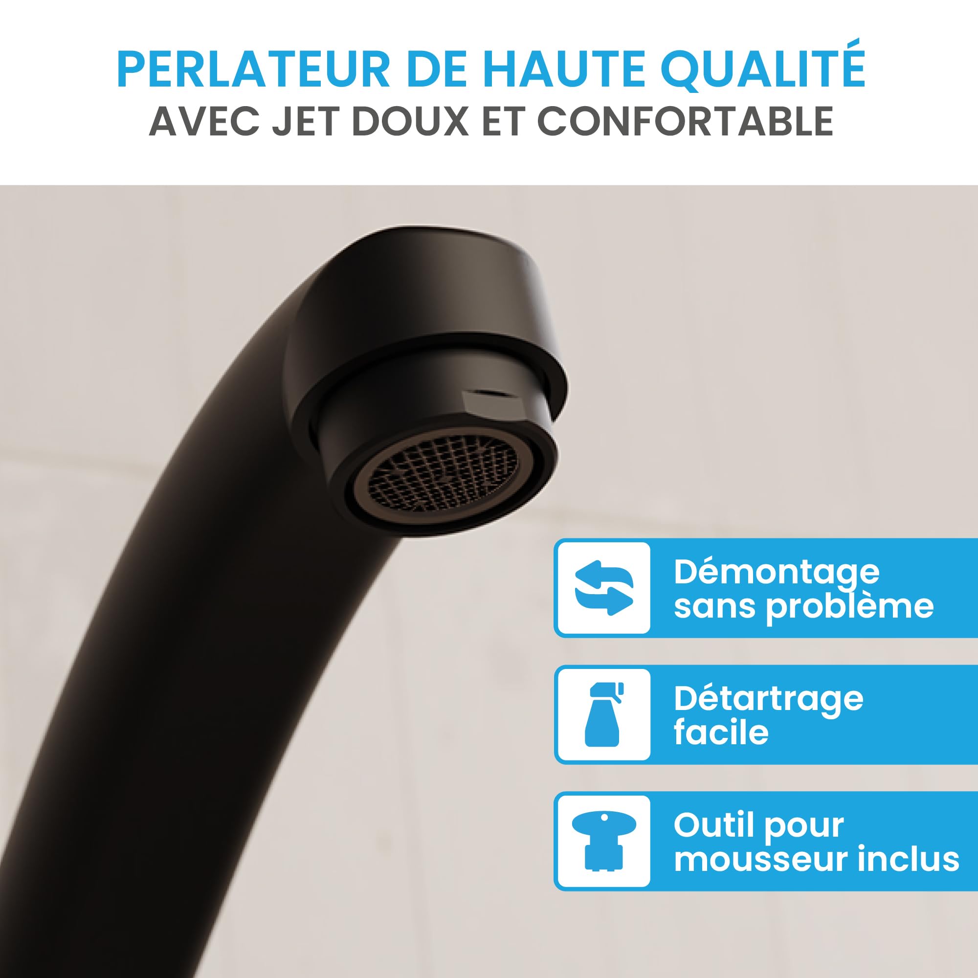 Bächlein Mitigeur de cuisine pivotant à 360 degrés (noir mat) – Mitigeur d'évier à levier unique avec bec pivotant à 360° – Robinet pour la cuisine au design extra solide