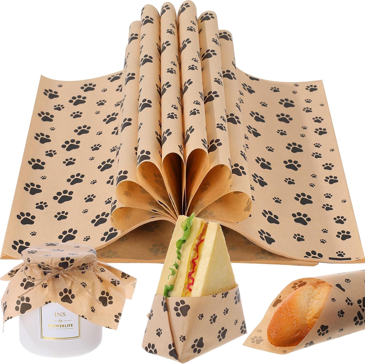 100 Sheets Dog Paw Wax Paper, Food Grade Deli Sandwich Wrap Sheets