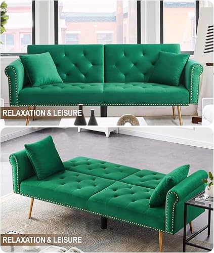 Miniatura 8 de Sofá cama futón de terciopelo, sofá cama plegable convertible con 2 almohadas, sofá biplaza reclinable copetudo de 73 pulgadas con patas de metal