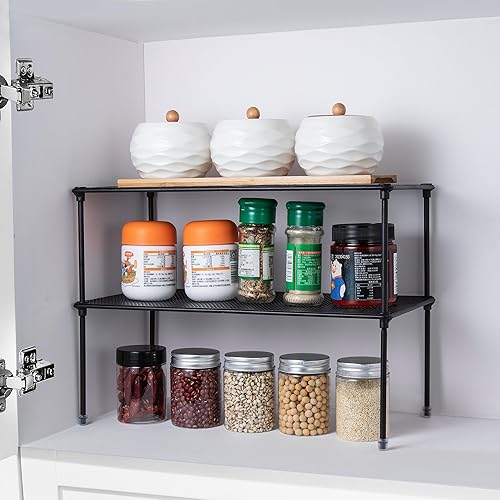 Miniatura 6 de Paquete de 2 organizadores de estantes de armario de cocina para gabinete, organizador de armario expandible y apilable, estante de almacenamiento