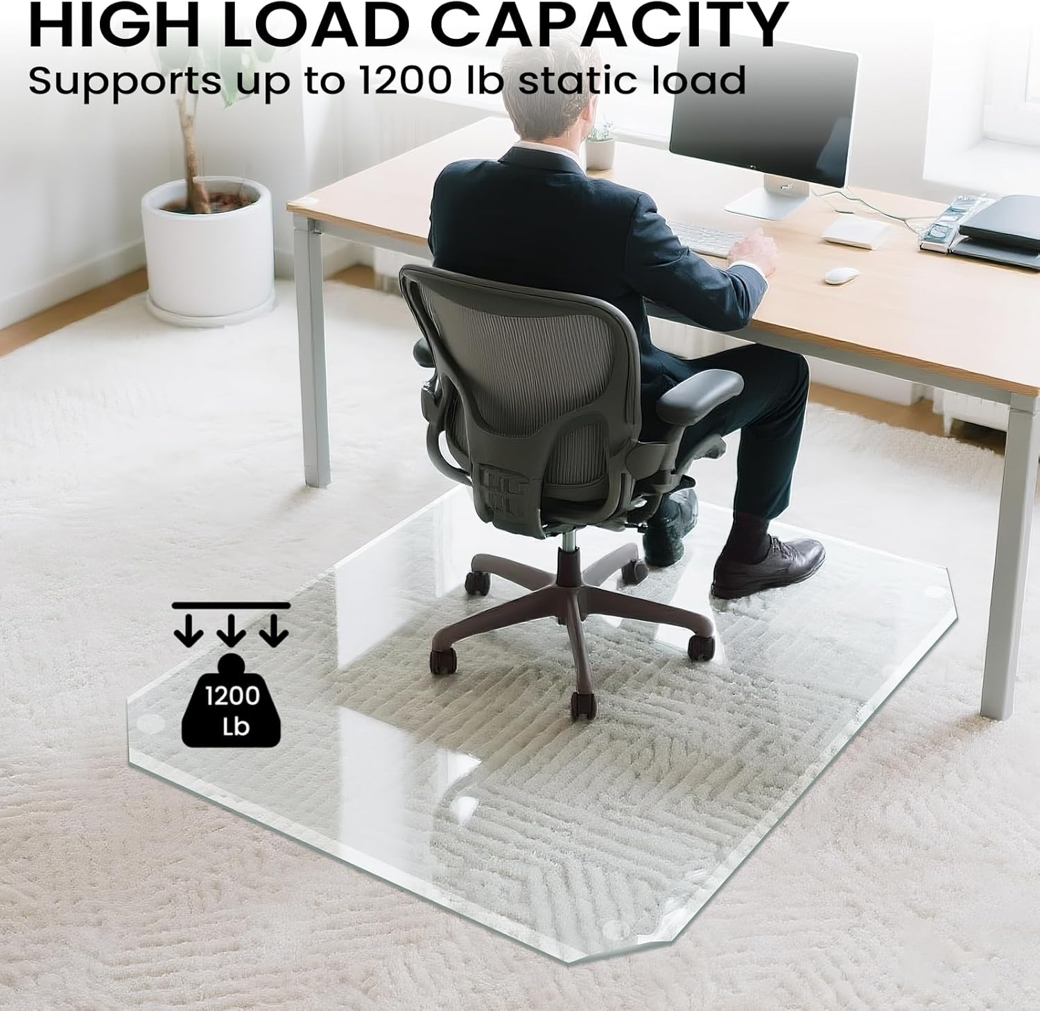 Tempered Glass Chair Mat with Patented Beveled Edge, 46”x55” 1/5" Thick Office Floor Mat for Carpet & Hardwood, w/ 12 Anti-Slip Pads