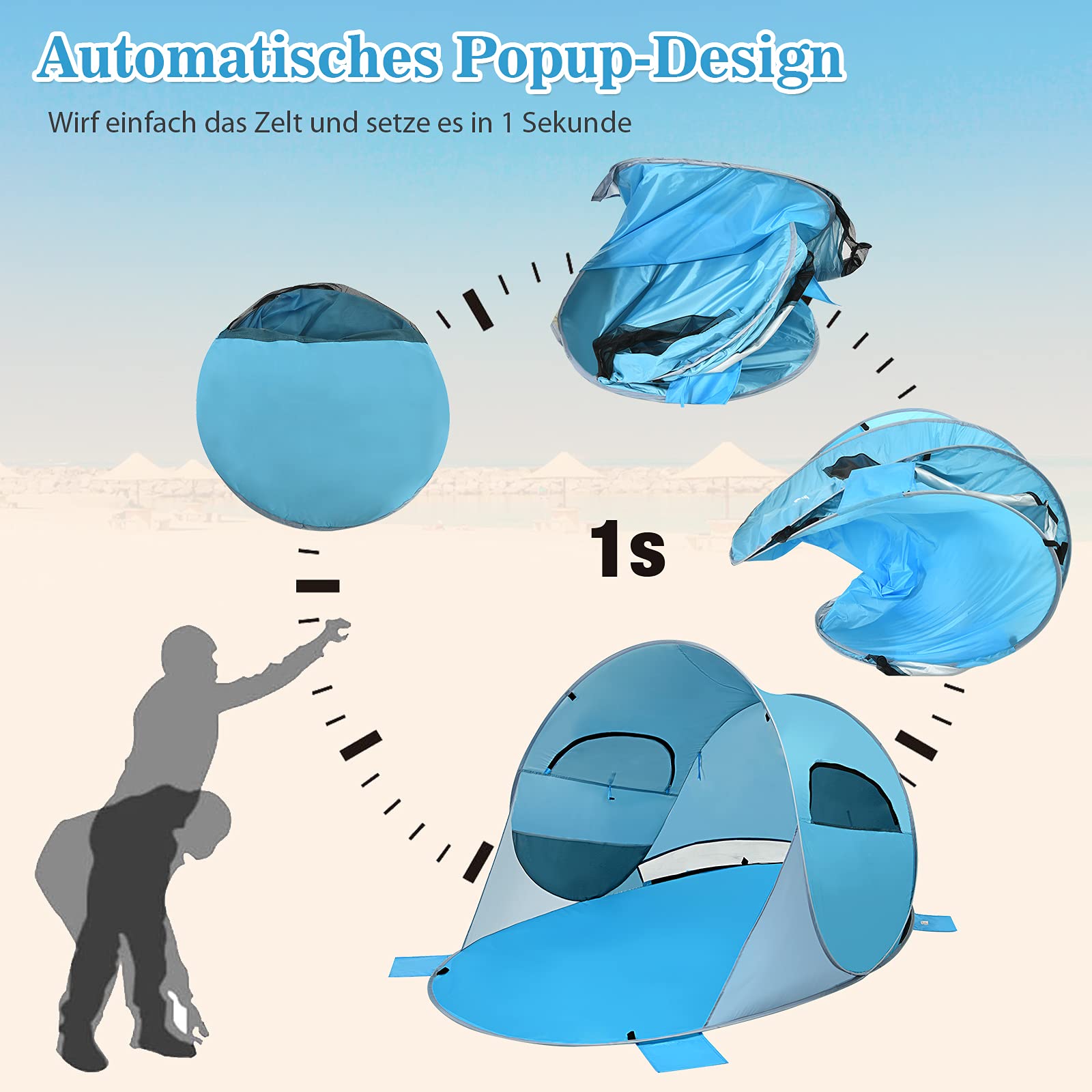 COSTWAY Pop Up Strandmuschel 3-4 Personen Strandzelt Sonnenschutz Wurfzelt mit Tragetasche & 2 Netz-Fenstern & 4 Sandtaschen automatisch für Strand, Garten, Camping (Blau) Sport & Freizeit