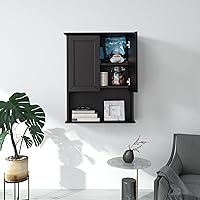 Vista 8 de Armario de pared de baño negro de 23 x 29 pulgadas, botiquín de madera con 2 puertas y estante ajustable, armario montado en la pared sobre inodoro