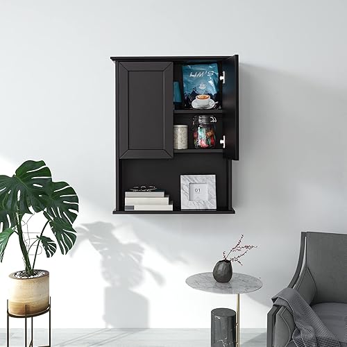 Miniatura 8 de Armario de pared de baño negro de 23 x 29 pulgadas, botiquín de madera con 2 puertas y estante ajustable, armario montado en la pared sobre inodoro