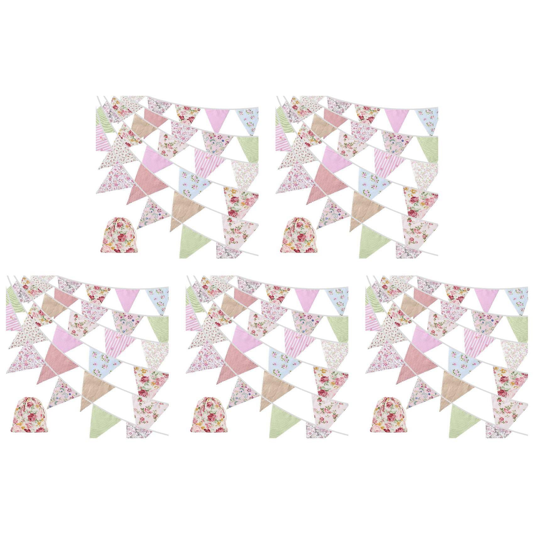 5X Striscioni nel Tessuto da 40 Piedi, Striscioni per Esterni da 42 Pezzi, Bandiera Un Triplo Angolo nel Cotone Vintage Floreale per la Festa di Compleanno nel Giardino