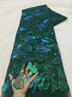 Elegant African Lace 5Yards French Sequins Tulle Lace Fabric for Wedding Party Dresses Sew (5 Yards,Green)
