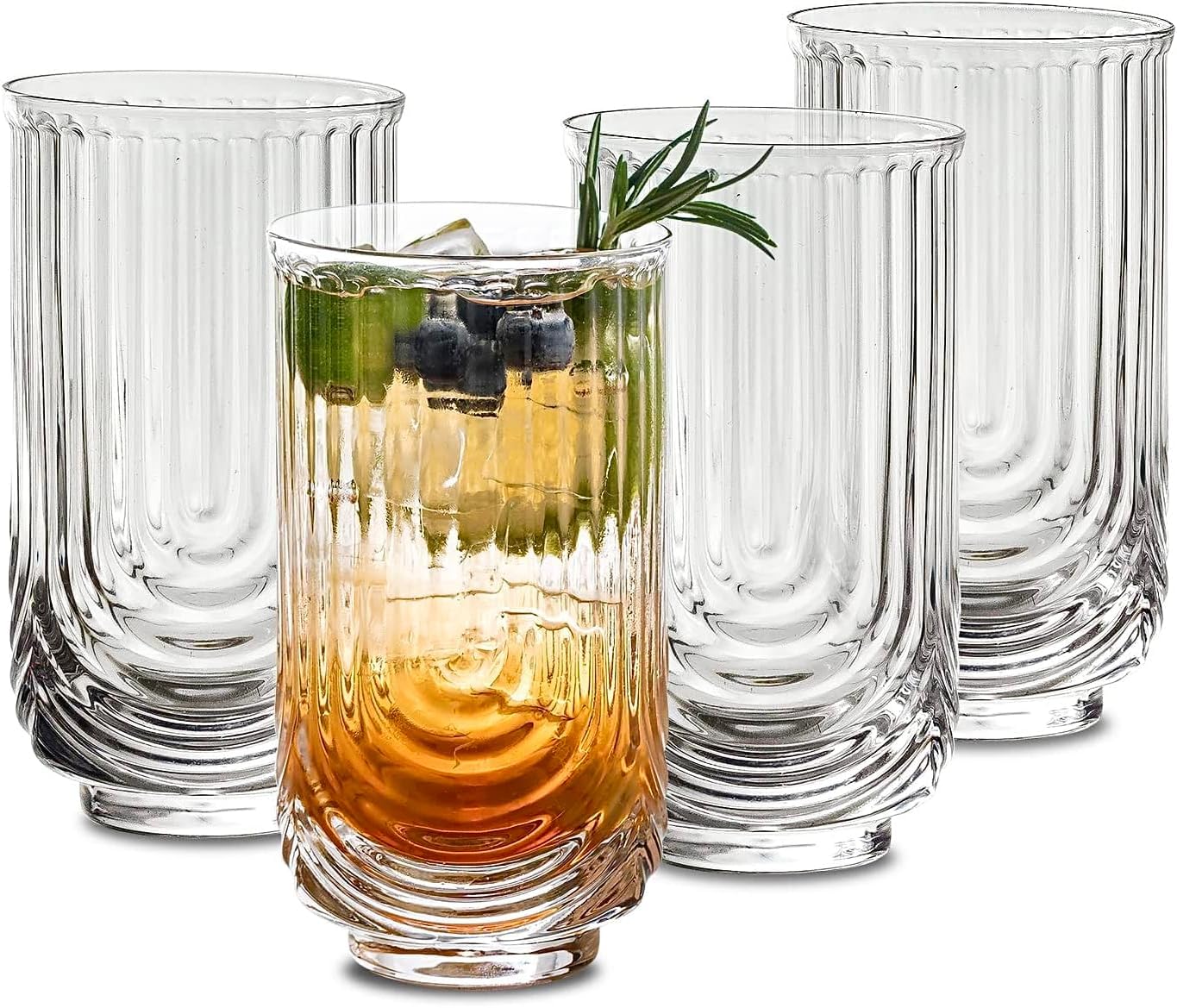 Vintage Ribbed Glass Cups Set of 4 14 oz - Ripple Highball Glasses for Cocktails Juice and Coffee