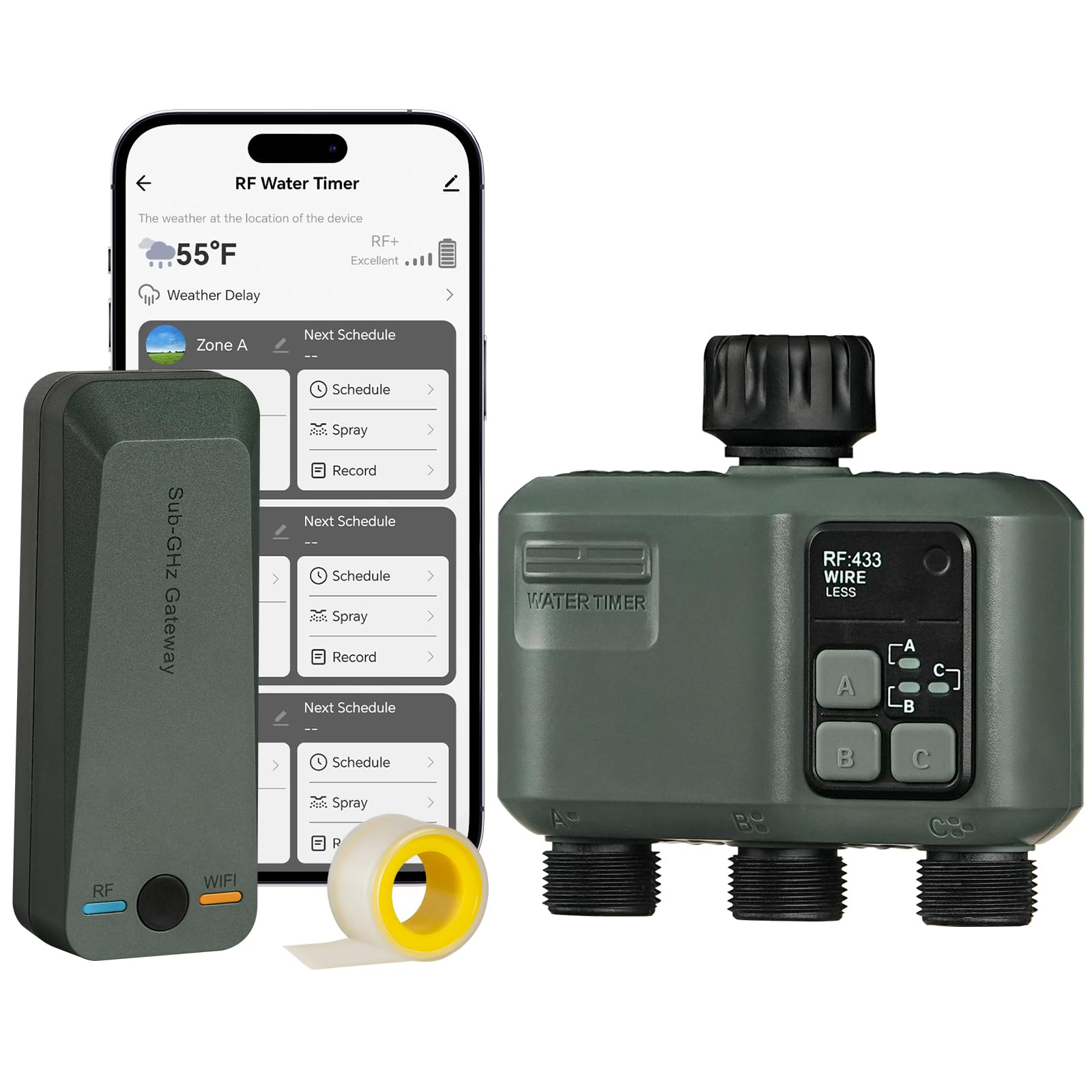 WiFi Water Timer for Garden Hose, Sprinkler Timer 3 Zone, 984ft RF Range, 3 Outlet Smart Hose Watering with APP WiFi Irrigation Controller, Automatic Irrigation System/Rain Delay/Manual Watering