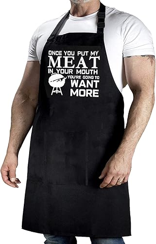 Divertido delantal de parrilla para hombres, Once You Put My Meat - Talla única para todos - Delantal de cocina de chef con tres bolsillos grandes