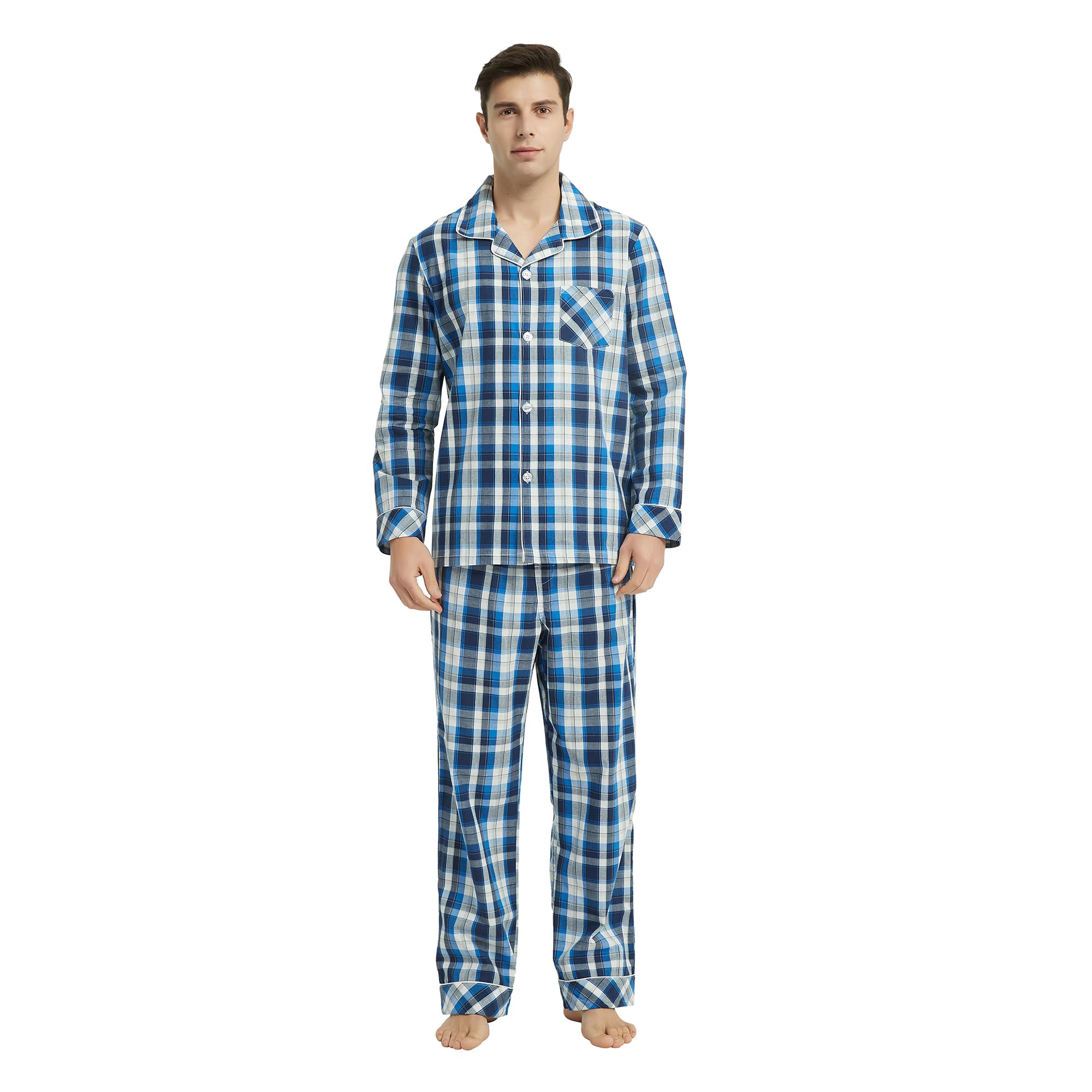 Vulcanodon Mens Cotton Pajama Set, Button Down Woven Pajama Set for Men Plaid Men's Sleepwear