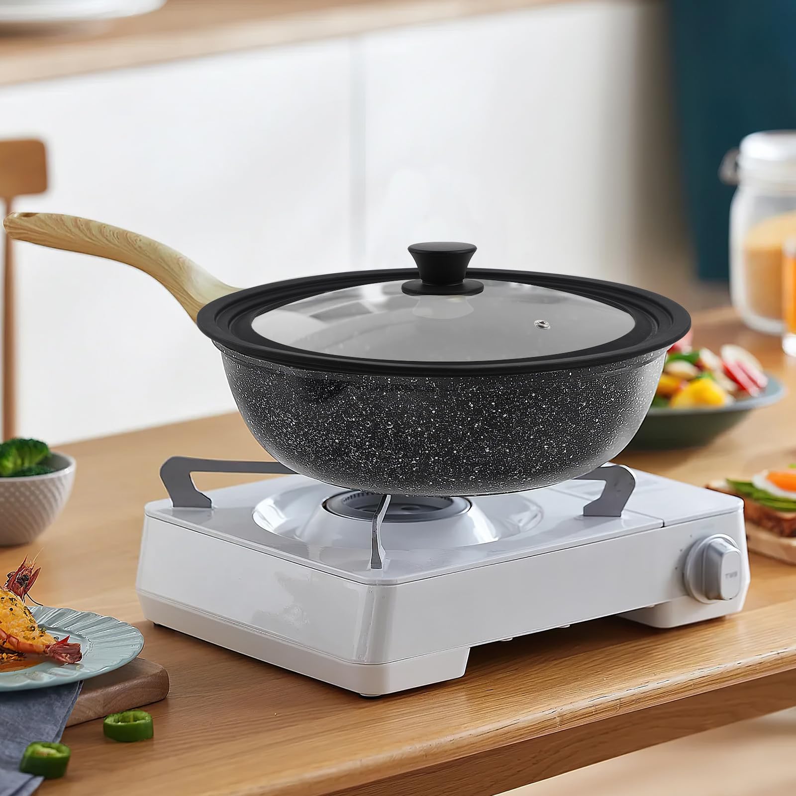 OUNONA Coperchio Nero in Vetro Temperato per Pentola e Padella in Silicone Rotondo, Facile da Pulire, Adatto per Pentole da 22-26 Cm