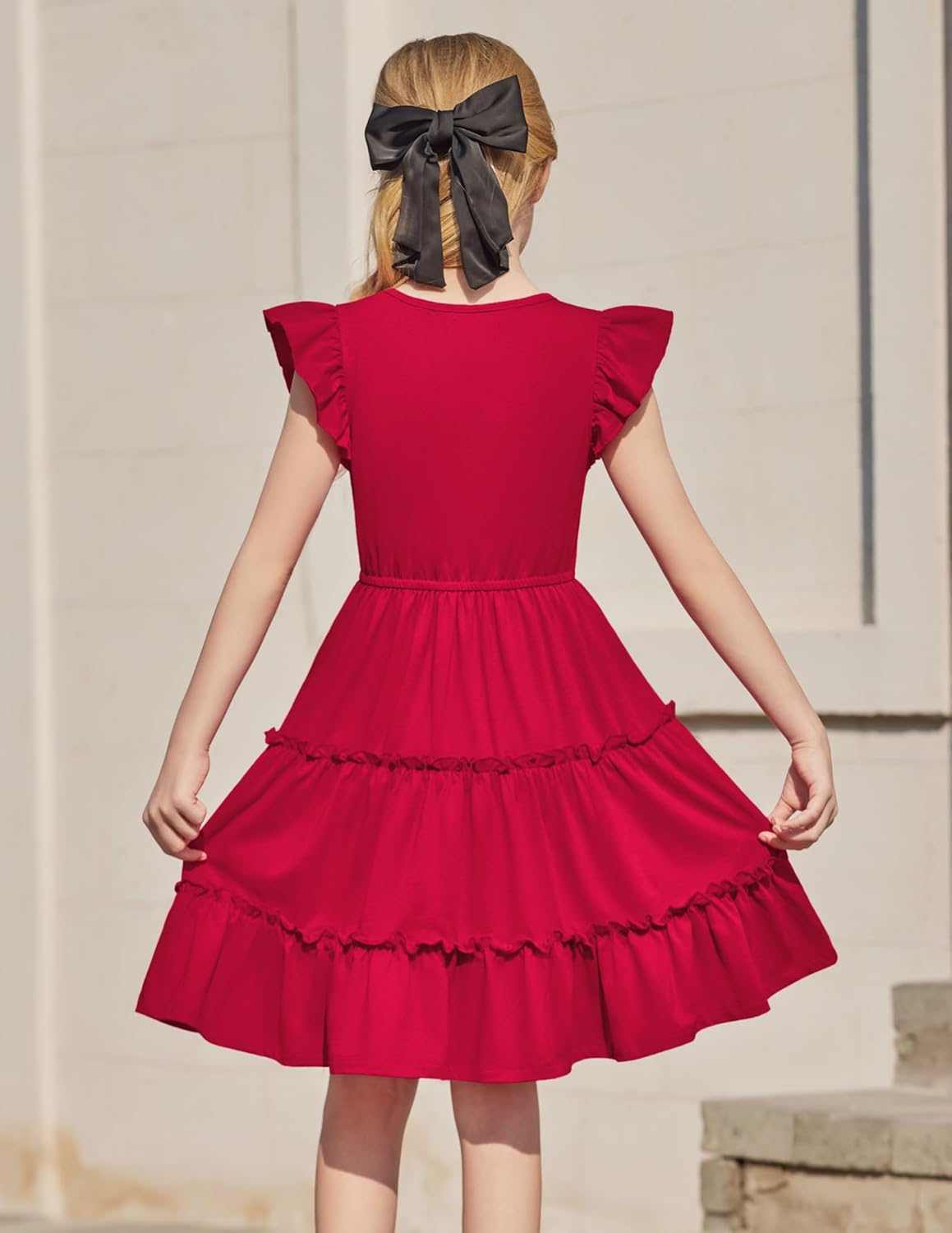 Arshiner Girl's Summer Dress Ruffle Sleeve Tiered Casual Party Dresses with Pockets 5-12 Years - Image 3