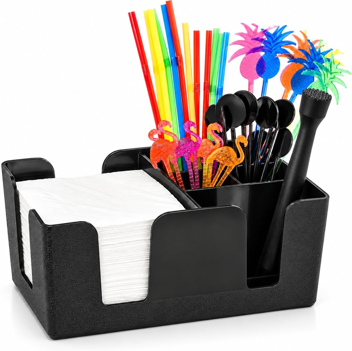 Trendy Bartender Bar Caddy Organizer, 6 Compartments, Straws, Black Pack