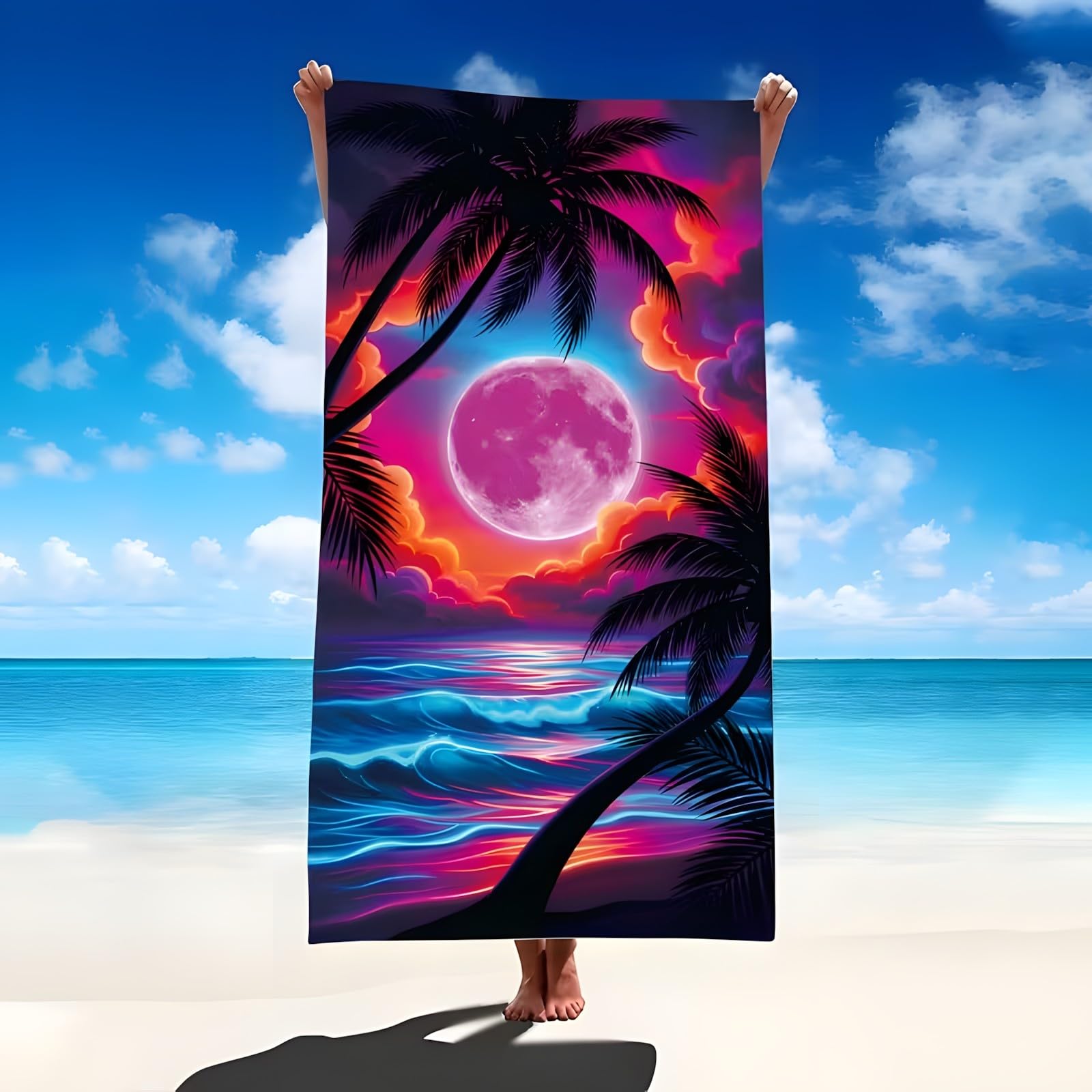 YZQGLHP Coconut Tree Microfibre Beach Towel Sunset Beach Bath Towel Quick Drying, Lightweight, Sand-Free, Durable, for Pool, Gym, Camping, Travel Towel 90x200cm