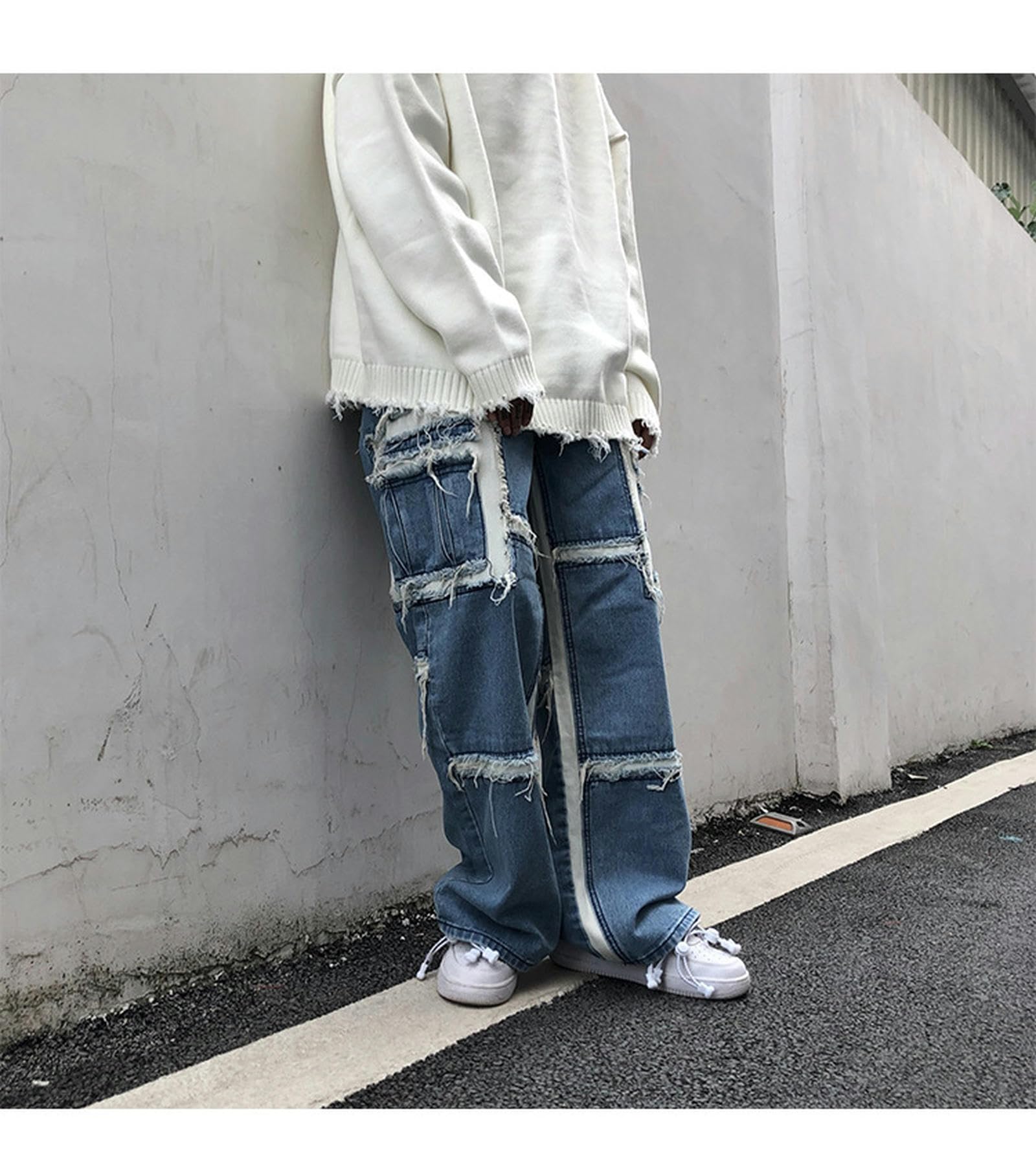 Jeans da Uomo a Gamba Larga, Larghi, con Cuciture strappate - Blu - S