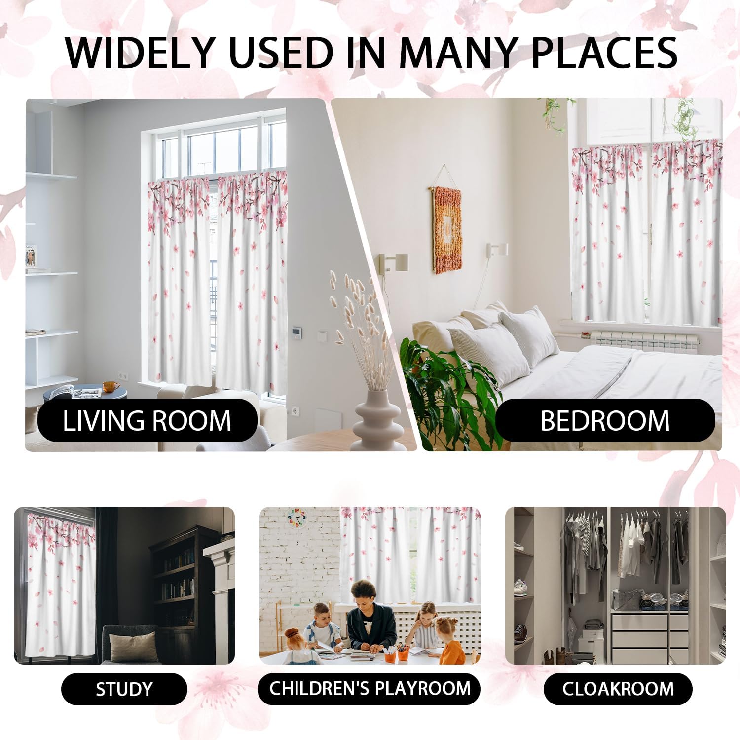 zokyer Pink Floral Window Curtain Wide White Floral Flower Cherry Blossom Japanese Sakura Branches Garden Art Botanical Girls 52" W x 63" L for Bedroom Living Room 2 Panels Rod Pocket Drapes