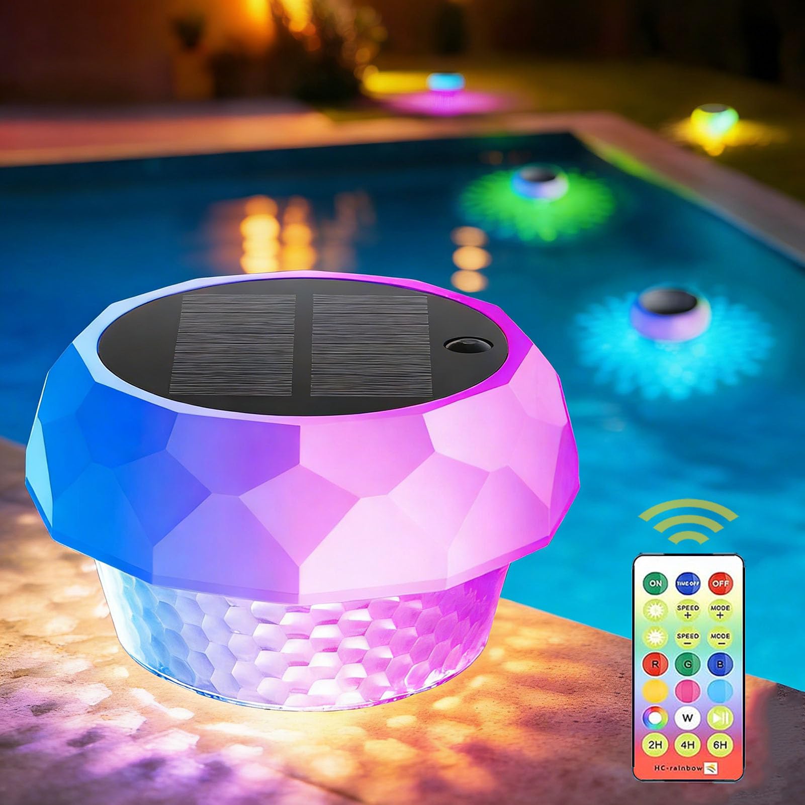 yowin Poolbeleuchtung Solar Schwimmend, Schwimmende Poollampe mit Fernbedienung Dimmbar, Pool Licht 7 Farben 3 Modi IP68 Wasserdicht, Solar Poolbeleuchtung für Teich Pool Garten Party