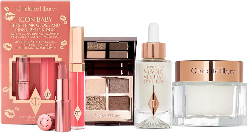 Holiday Beauty Set - Full-Size Charlotte's Magic Cream & Magic Serum, Golden Goddess Eyeshadow Quad & Icon Baby Lip Duo - Complete Skincare Makeup Gift Collection for a Radiant Glow