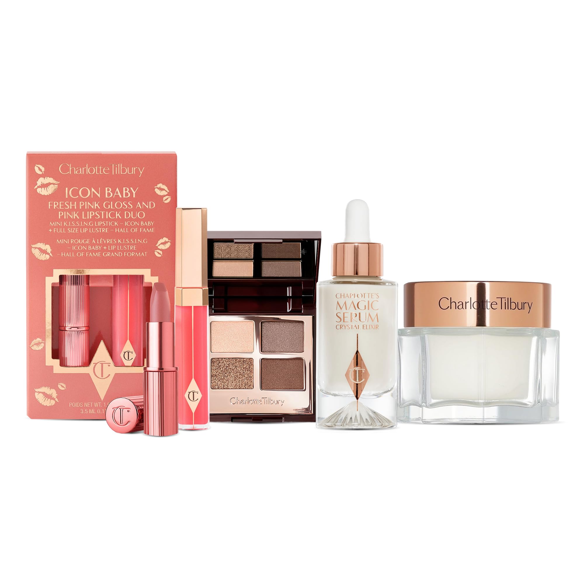 Charlotte Tilbury Holiday Beauty Set - Full-Size Charlottes Magic Cream Magic Serum Golden Goddess Eyeshadow Quad Icon Baby