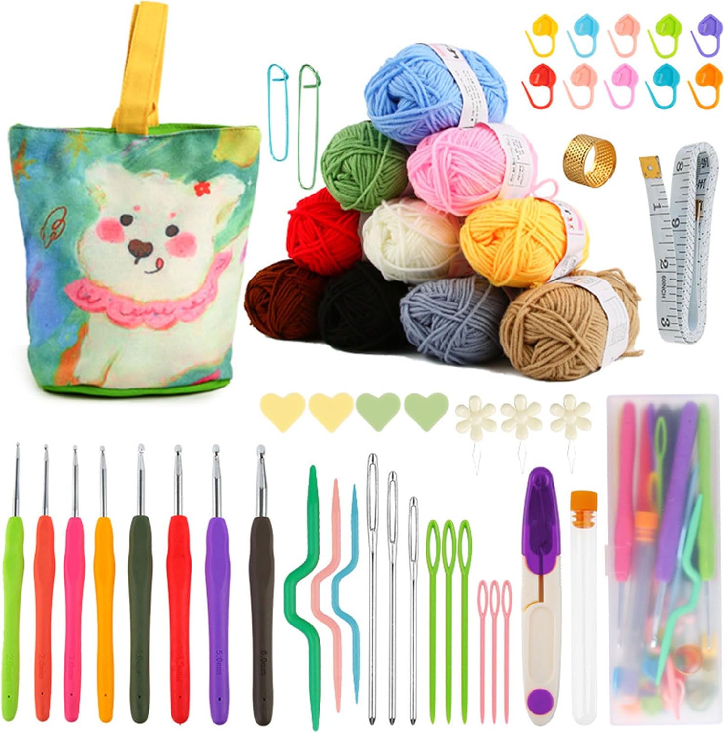 Hooks Set, Beginner Crochet Hooks Kits with Bucket Bag, Ergonomic Crochet Hook, Yarn, Needle and Accessories Supplies