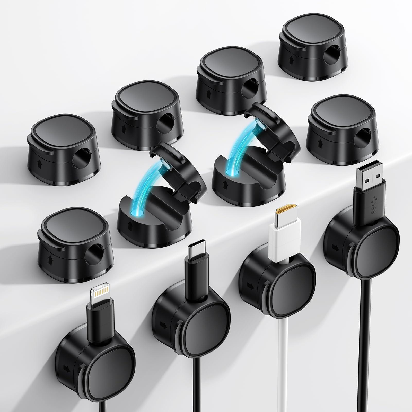 FlyCoco 12 Pack Magnetic Cable Clips Cord Organizer for Desk, Phone Charger Cord [Smooth Adjustable], Adhesive Wire Organizer Keeper for Nightstand Wall Car Office, Black