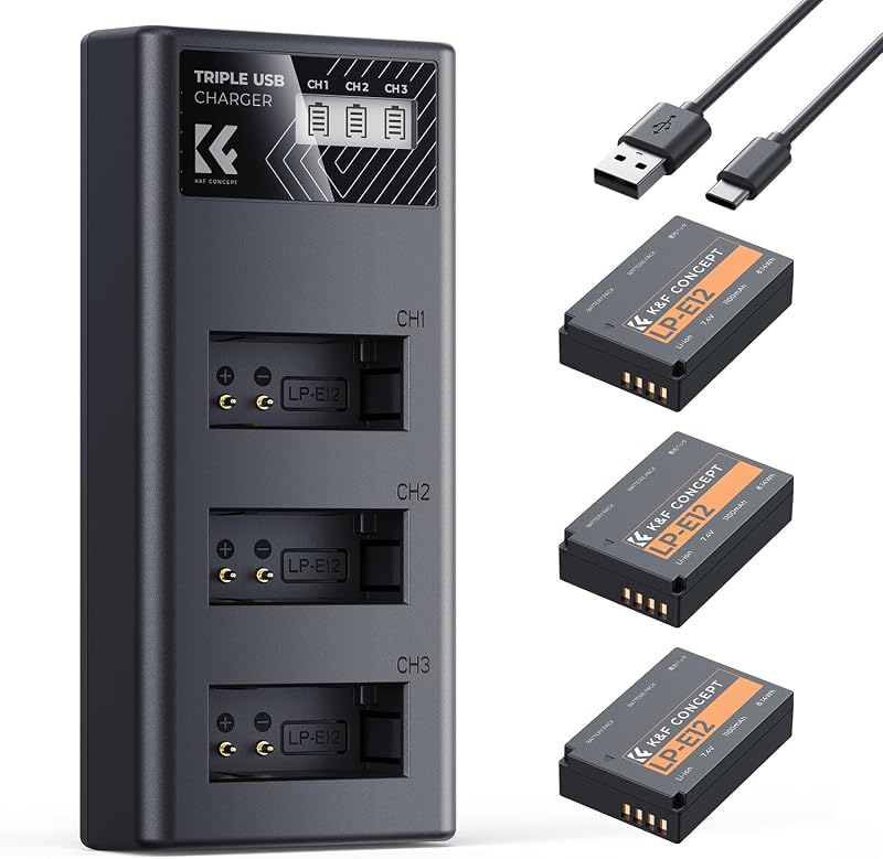 LP-E12 Battery 3-Pack and Upgraded LCD EOS M50 Battery Charger Compatible with Canon M50, M50 Mark II, M, M2, M10, M100, M200, Rebel S1, PowerShot SX70 HS Cameras