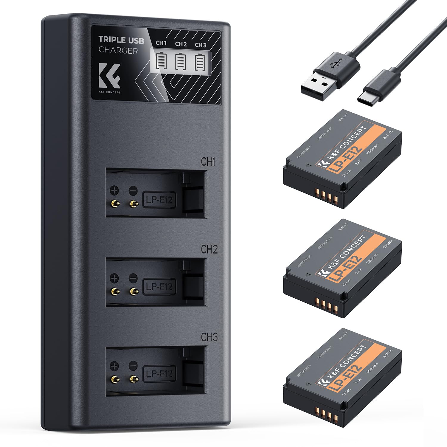 K&F CONCEPT 3-Pack LP-E12 Batería 1100mAh y Cargador LCD de 3 Ranuras Compatible con Cámaras Canon EOS M, M2, M10, M50, M50 Mark II, M100, M200, PowerShot SX70 HS, Rebel SL1