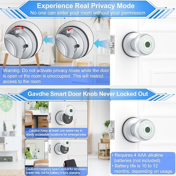 Smart Door Knob-Fingerprint Door Lock with Passcode Keypad & App Control-Fingerprint Door Knob, Auto Lock & Privacy Mode Features, Silver - Ideal for Apartment, Bedroom, Office, Front Door