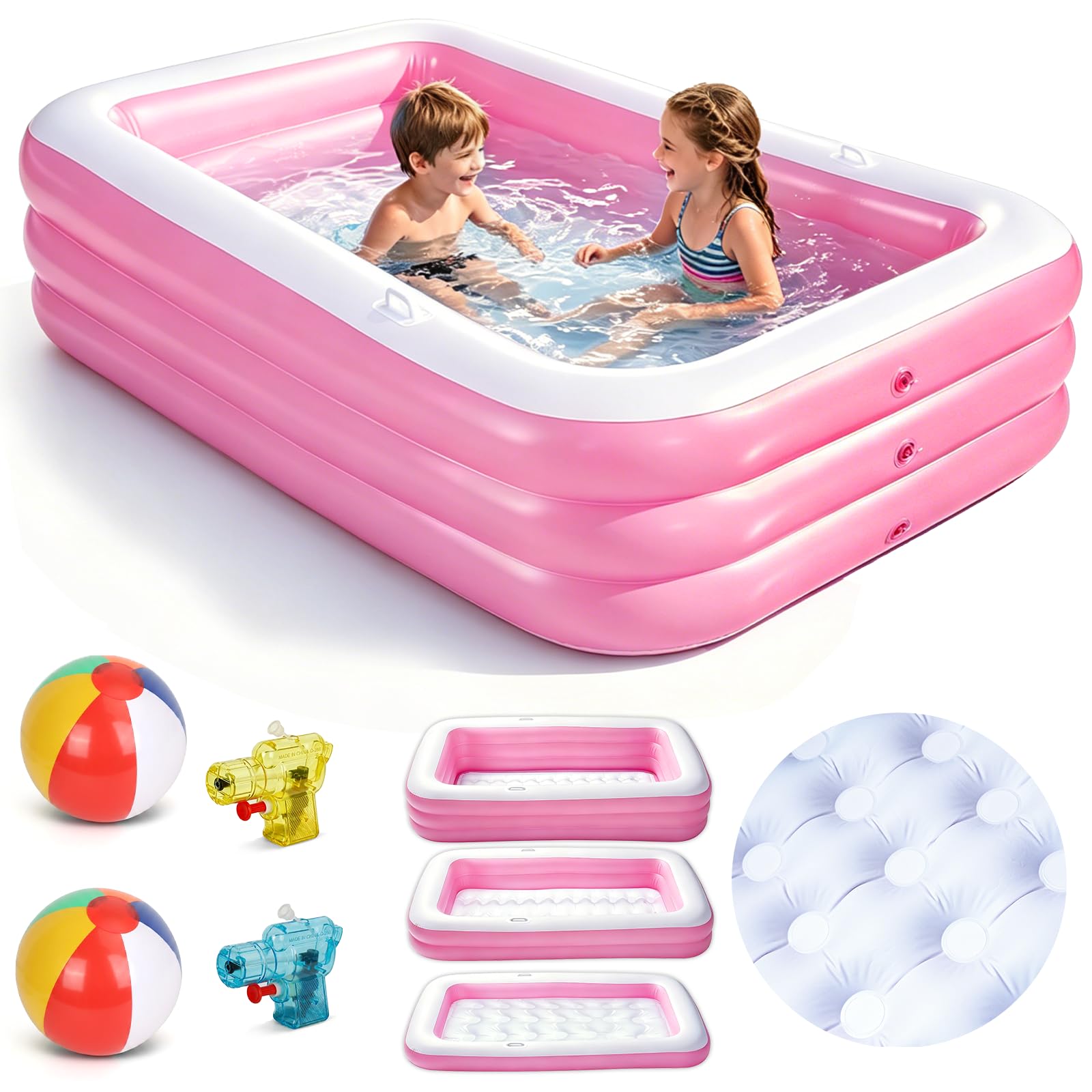 Piscina Hinchable Niños, Piscina Infantil Rectangular con 2 Pelotas de Playa y 2 Mini Pistolas de Agua, Piscine de Verano para Jardín, Exterior y Fiestas de Verano (Rosa)
