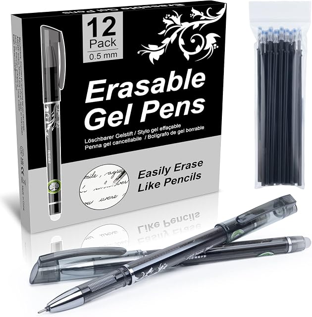 YYSHUS Erasable Pens, 12PCS Erasable Gel Pens & 20 Refills 0.5mm Tip Rub Out Pens with Rubber for Adults Kids Students School Office Stationary Supplies Gifts - Dark Grey