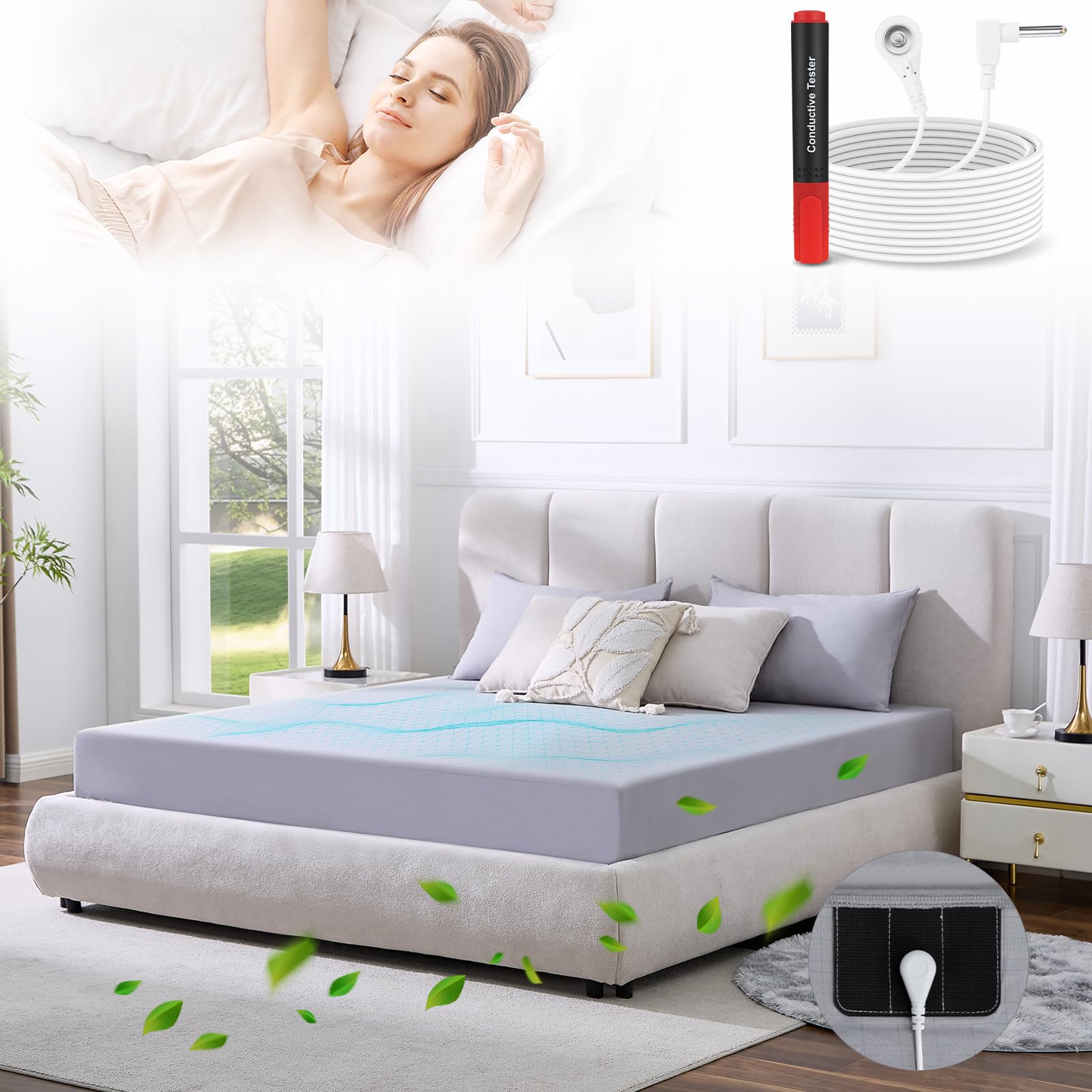 Grounding Sheets 10% Pure Silver Fiber 90% Organic Cotton Superior Earthing Fitted Sheet Earth Connected Bed Sheet with Pen Socket Tester and Grounding Cord (King 76"x 80"x 15" Silver Gray)