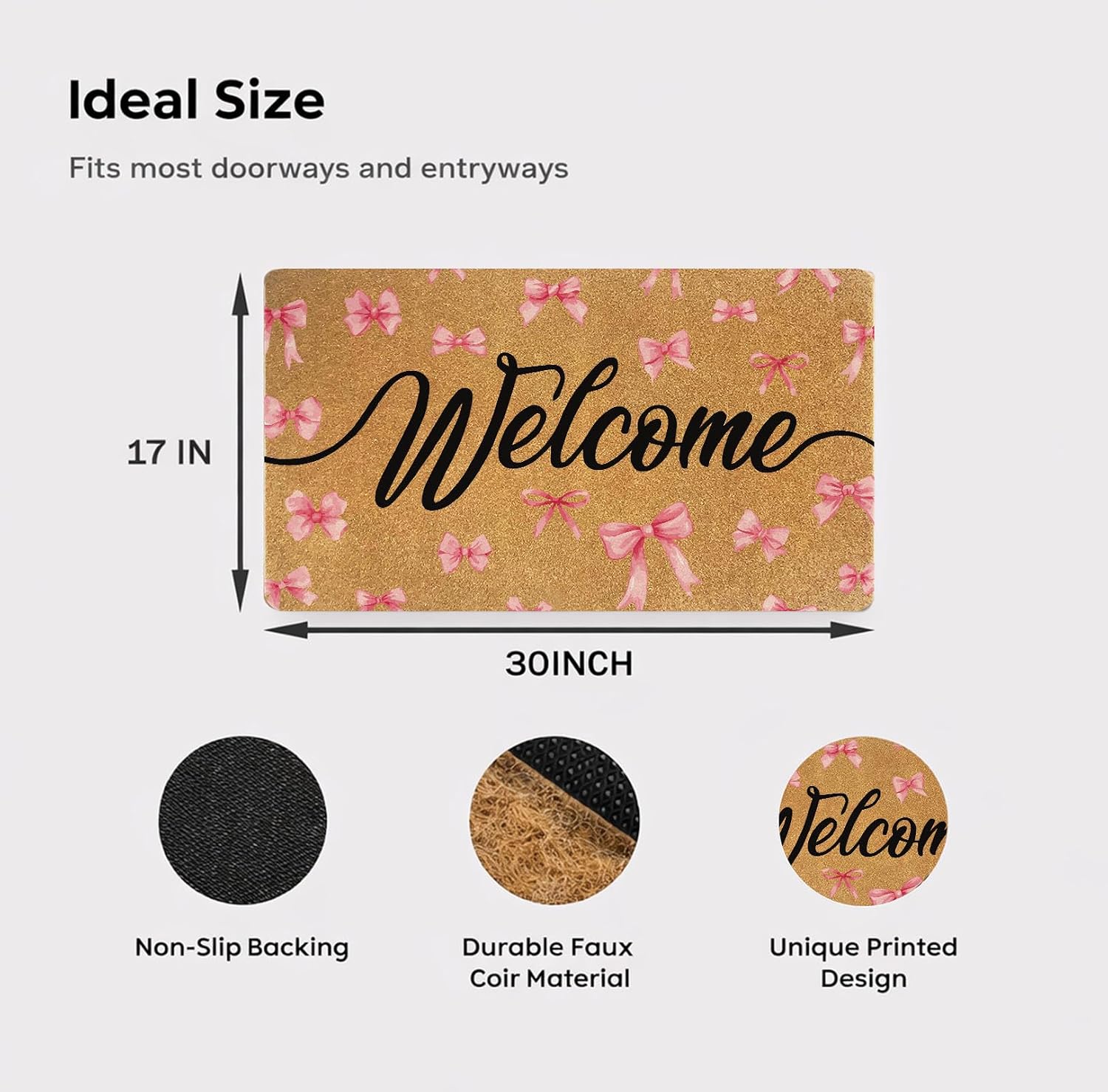 Pink Bow Welcome Door Mat 30x17 Inch, Faux Coir Non-Slip Doormat for Indoor Outdoor Entryway, Cute Coquette Front Porch Mat, Dirt Trapping Rug for Home, Patio, Apartment, Housewarming Gift