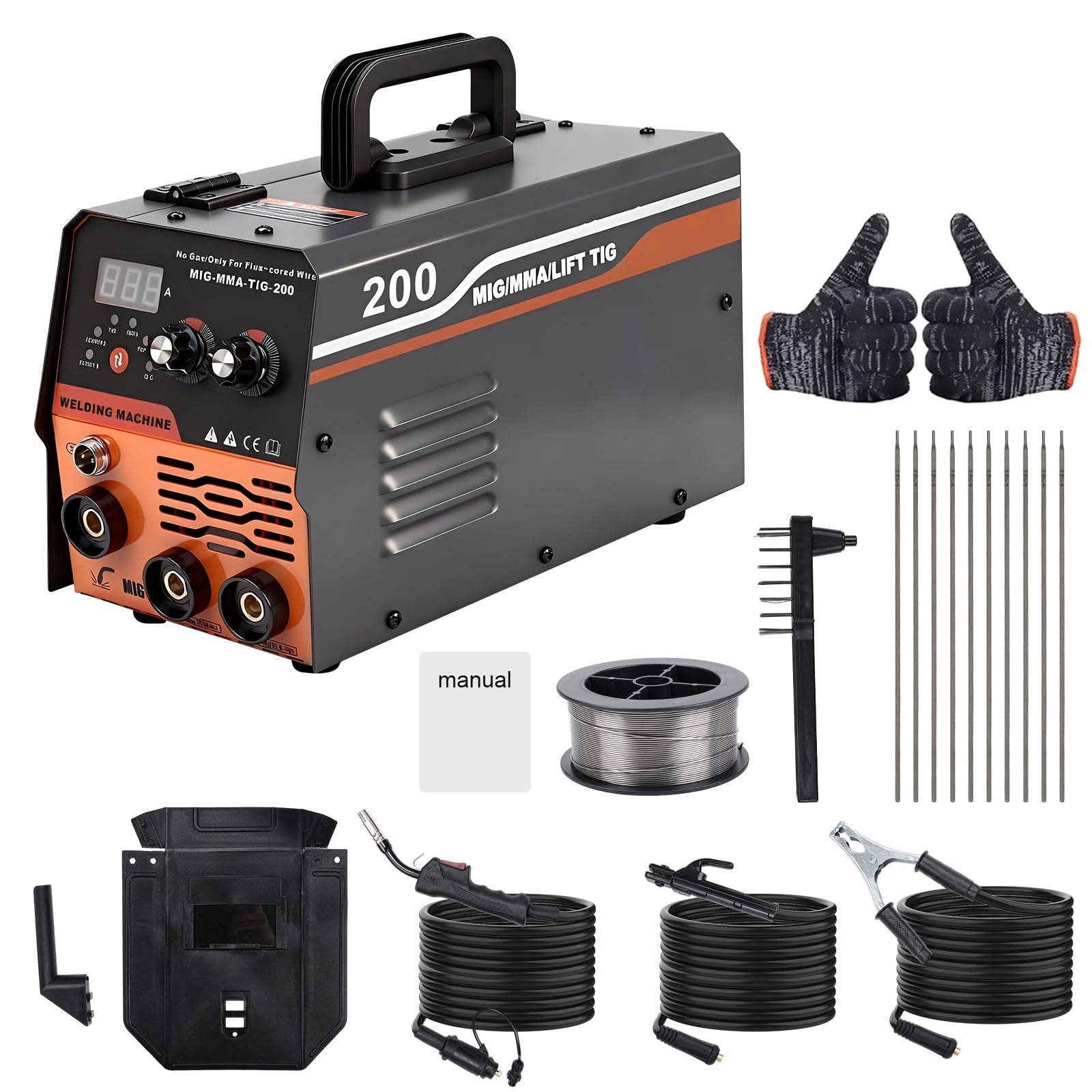 Máquina de Soldadura MIG, 20-200 A Máquina de Soldar con Alambre Tubular sin Gas, Soldador Inverter MIG/MMA/LIFT TIG 3 en 1 Portátil con IGBT Inversor, Pistola de Soldar, Pantalla LED, Alambre de 1mm