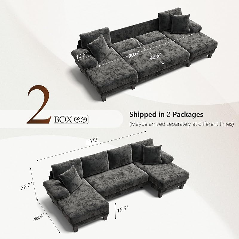Txtin's Sleeper Sofa with Pull Out Couch Bed | 112 Inch Couches for Living Room | U-Shaped Convertible Sofa Bed | Chenille Dark Grey image 3